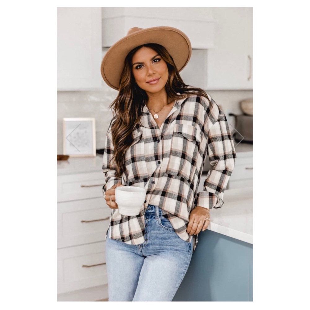 NWT ALL I EVER WANTED TAN PLAID BUTTON UP